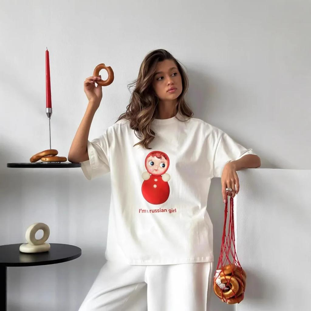 Retro Russian Nesting Doll Print Ladies T Shirt Casual Fashion Y2k Personality Round Neck Short Sleeved T Shirt Street Style