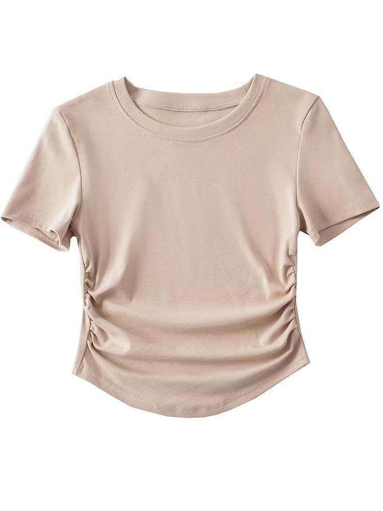 

2024 Новая хлопковая футболка с круглым вырезом, короткими рукавами и плиссированной деталью с обеих сторон L хаки