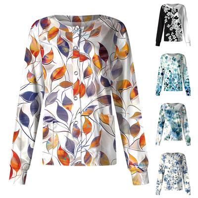 Dámský ležérní kardigan s dlouhým rukávem, jednoradové zapínání, květinový potisk, ochranný oděv