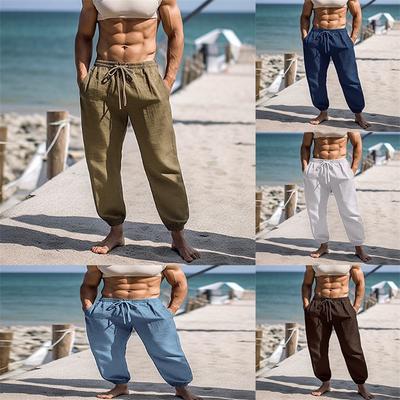 Herren Freizeithose Leinen Strandhose Kordelzug Stretchbund Einfarbig Bequem Atmungsaktiv Lässig Täglich Urlaub Kordelzughose