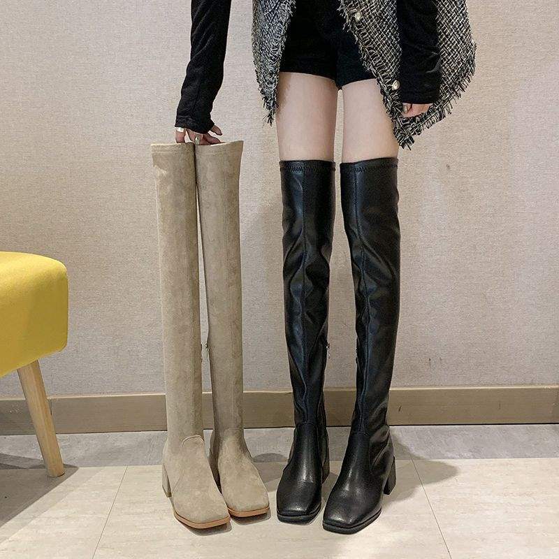 Boots women over the knee 2025 autumn and winter new women's boots square head small elastic long tube thin winter boots velvet