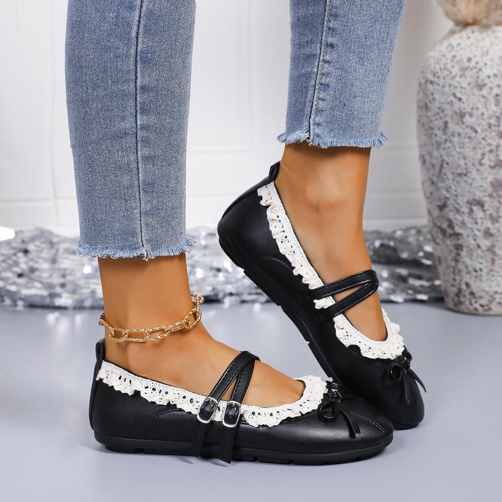 Girls Mary Jane Flats Double Buckle Straps Lace Trim Ballet Shoes Soft Sole Casual Slip On Footwear for Kids