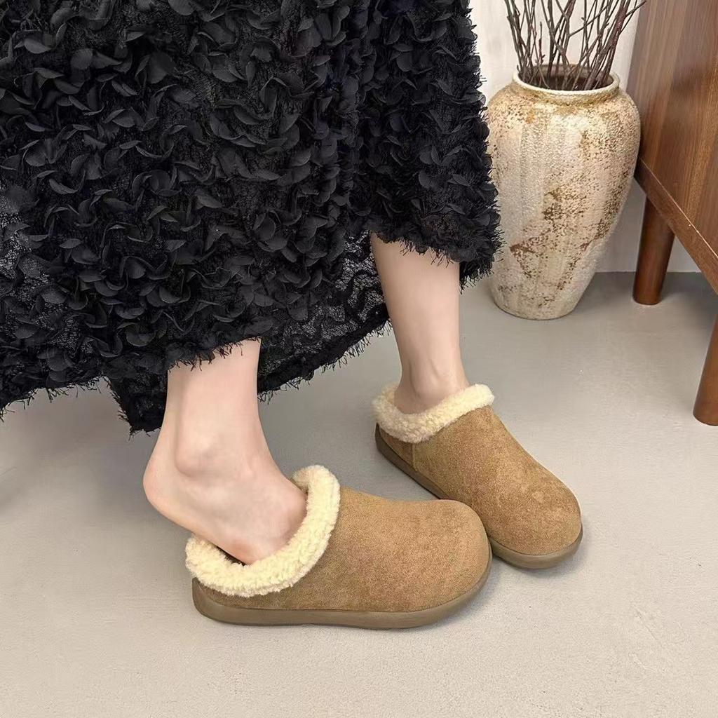 Wool Leather Small Potato Fluffy Shoes Winter Warm and Plush Boken Half Slippers Thickened Cotton Shoes