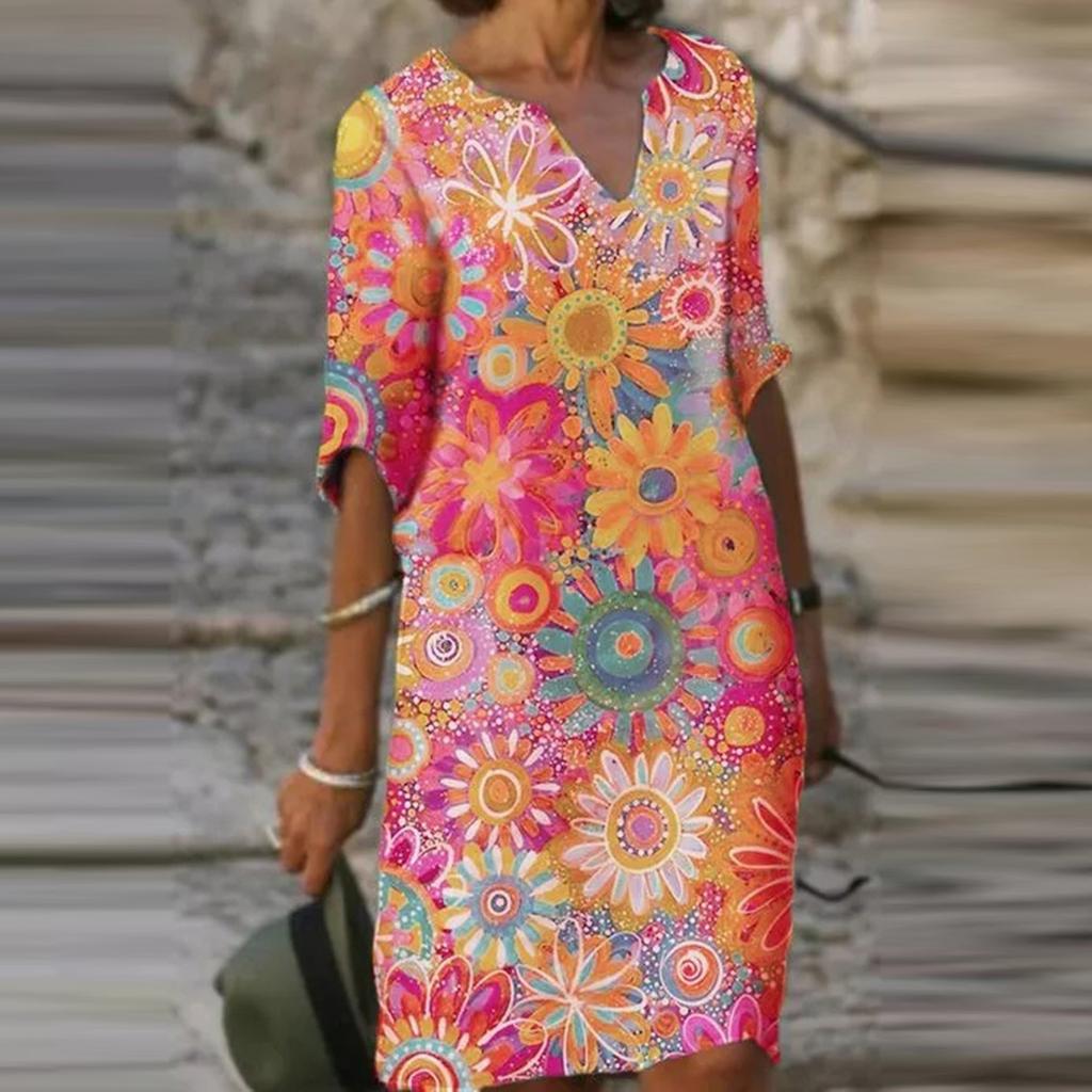 Women's Casual Fashion V-neck Personality Print Loose Mid-sleeve Dress
