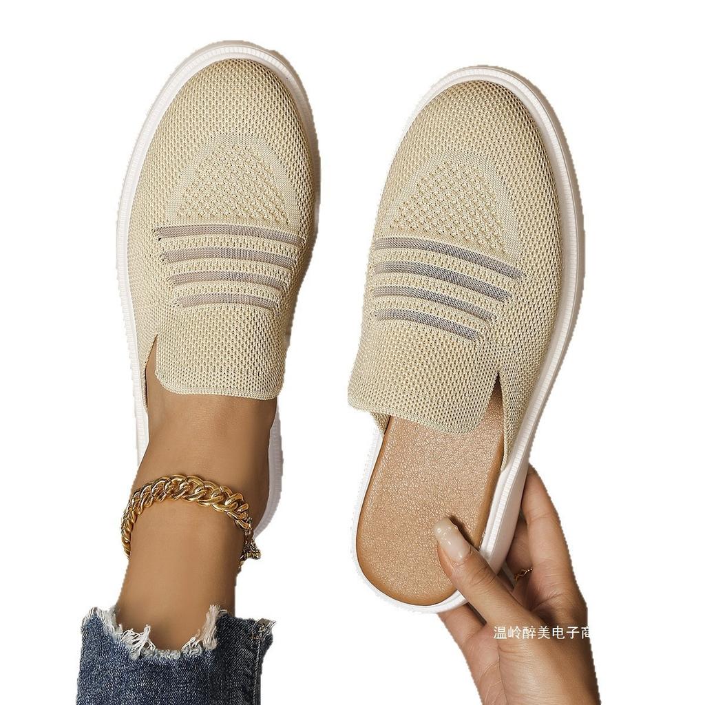 Foreign Trade New Summer Knitted Mesh Bag Head Thick-soled Slippers Women's Large Size Hollowed-out Muller Half-tray Lazy Shoes Wish