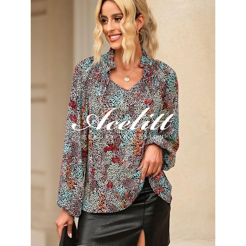 American Acelitt Thin Floral Print Long Sleeve Pullover Shirts Women Summer Loose Casual V-neck Top Women