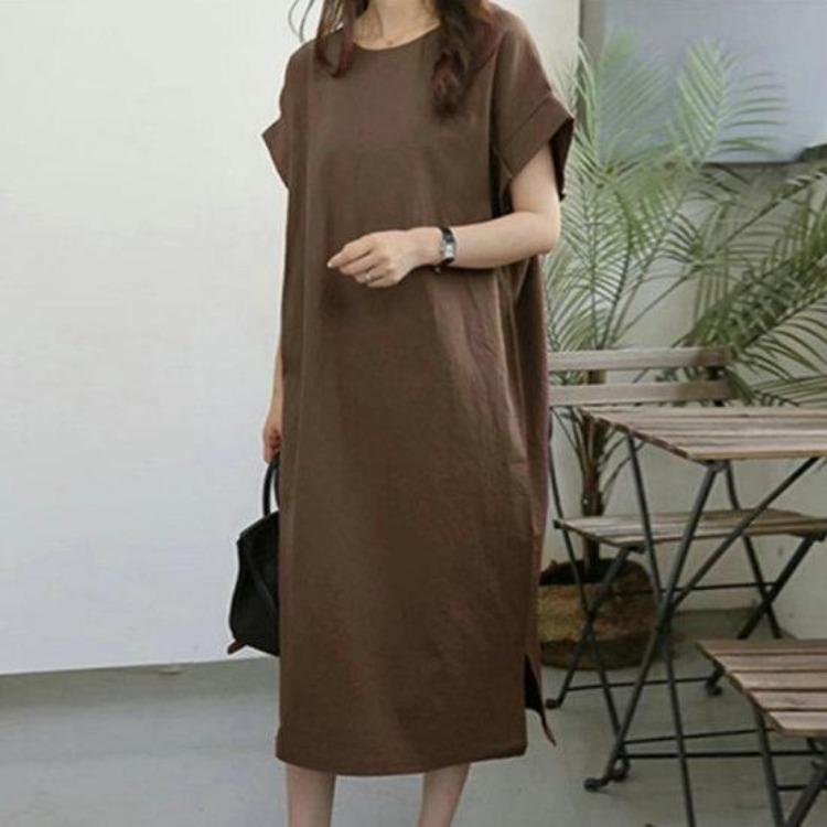 Plus Size Casual Summer Dress Loose Straight Short Sleeves O Neck Midi Length Side Split Hem Soft Breathable Commute Travel Women Dress