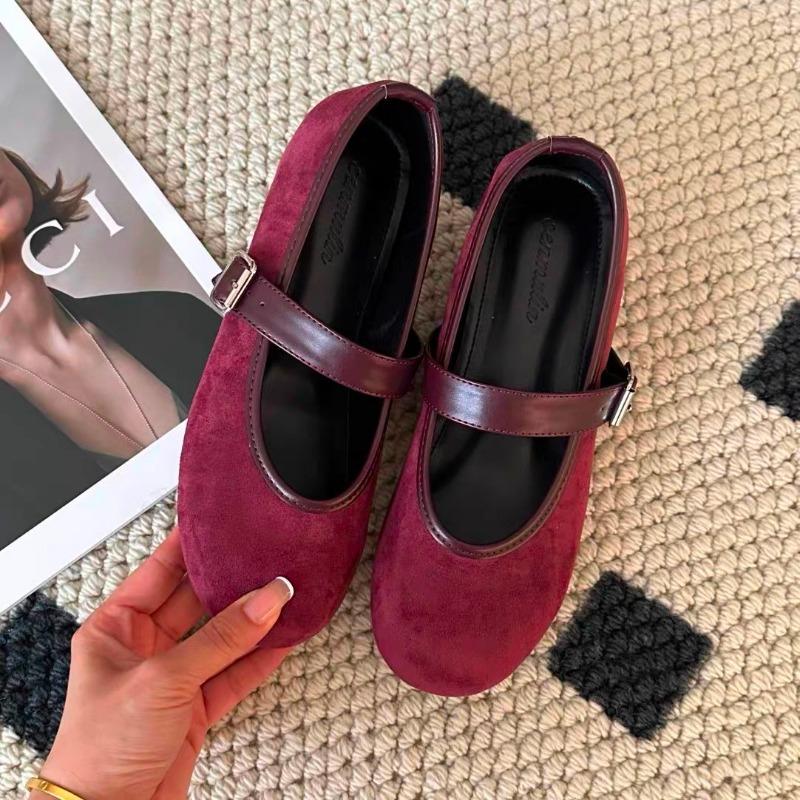 Women's Low Heel Shoes Spring New Round Head Shallow Mouth Suede Metal Buckle Soft Sole Anti-slip Wear-resistant Low Top Shoes