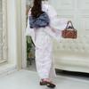 RAVIR Yukata White with Line Drawings and Floral Fluffy Obi and Geta One Size Fits All Women's 3-Piece Set, Watercolor-Style Patterns, Belt, Sandals,