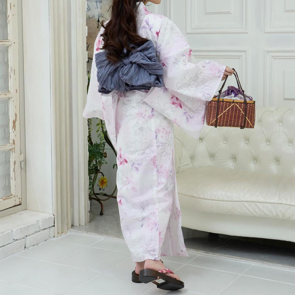 RAVIR Yukata White with Line Drawings and Floral Fluffy Obi and Geta One Size Fits All Women's 3-Piece Set, Watercolor-Style Patterns, Belt, Sandals,