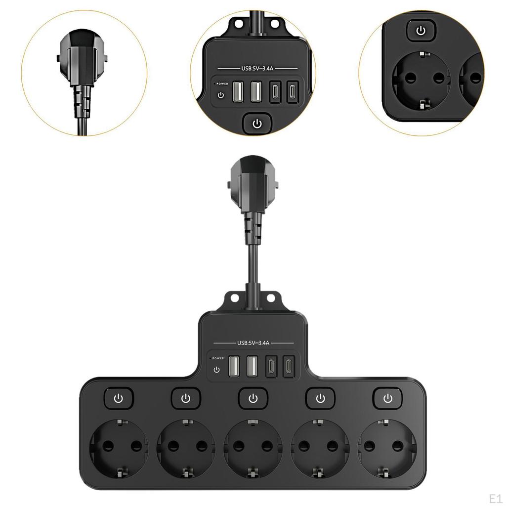 EU 250V AC Outlets Plug Power Strip Professional Multipurpose Travel Adapter Black