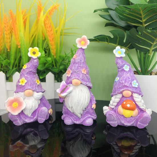 Miniature Mushroom Flower Figurines 3PCS Lavender Gnome Elf Set, Resin Spring Floral Decor Butterfly Set Tray Ornaments, Decorative Statues for Patio