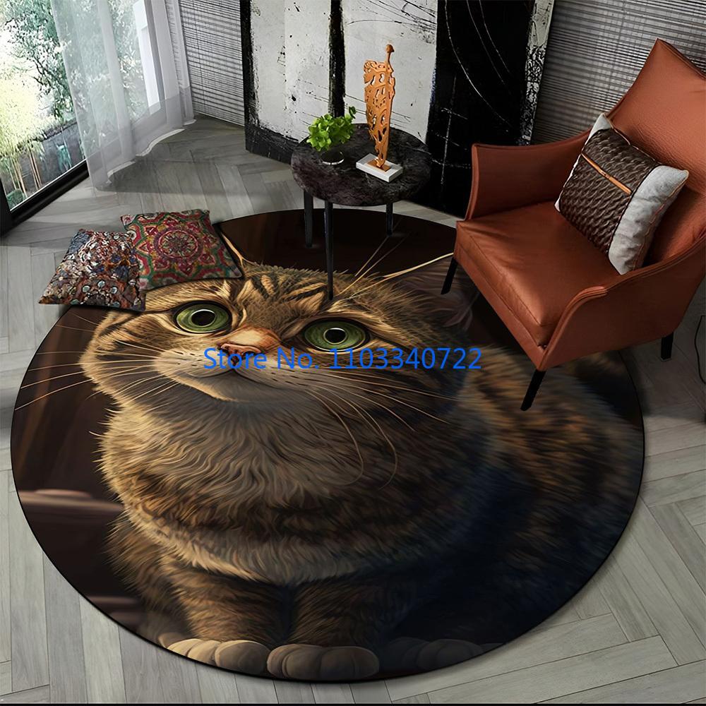Cute Calico Cat Persian Cat Ragdoll Rug Round Carpet 120cm Crawling Game Non-slip Floor Mat for Kids Bedroom Living Room Decor