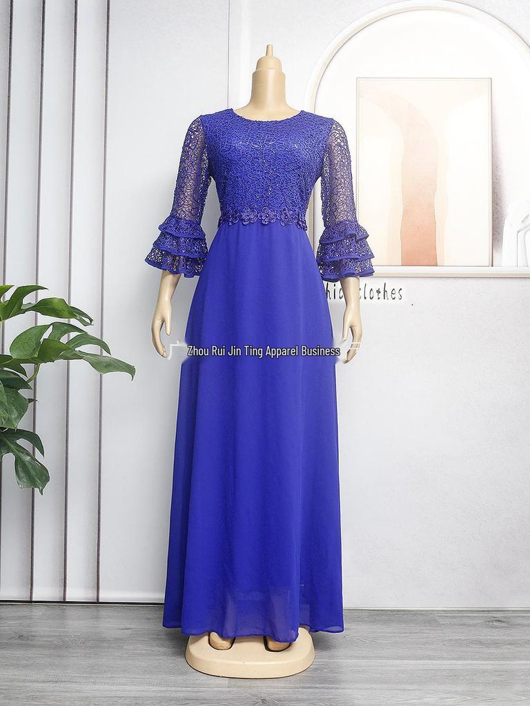 African European Women's Plus Size 2023 New Lace Heavy Work Chiffon Dress