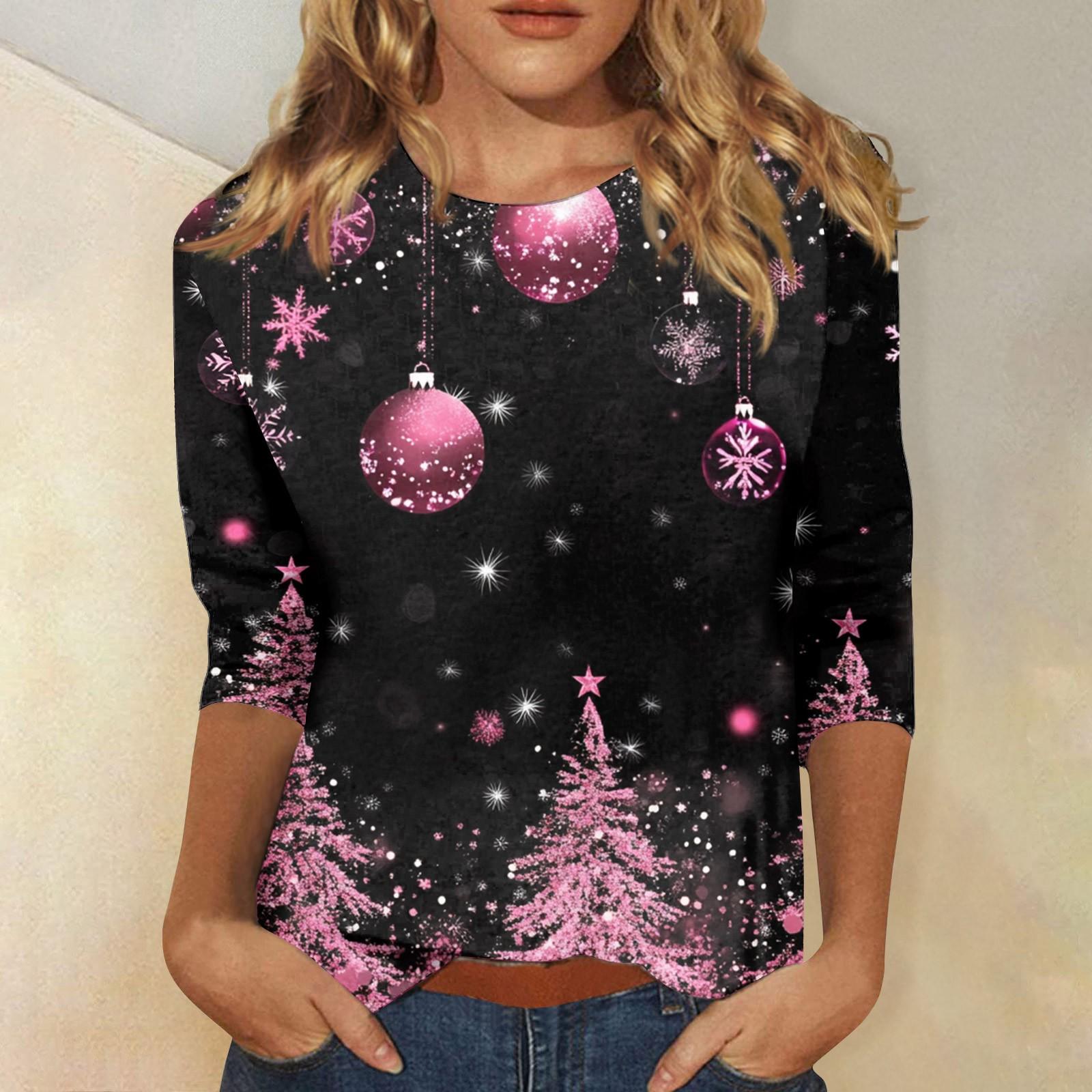 Женская повседневная свободная футболка с круглым вырезом и рождественским принтом — фото 5