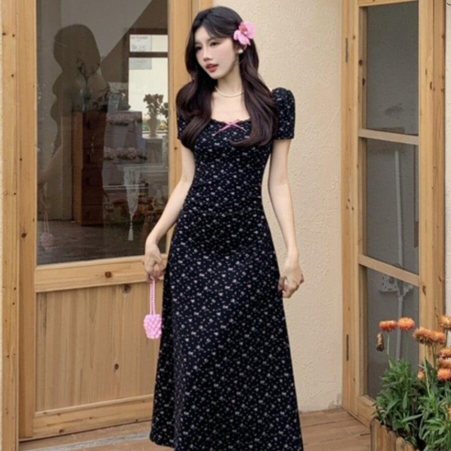 2026 Large Size Women's French Black Waist Floral Short-sleeved Dress Summer Long Skirt Fat Mm Belly and Thin