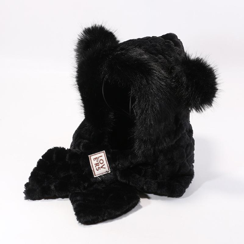 Orelhas de Urso Outono e Inverno Chapéu Lei Feng Feminino Chapéu de Pelúcia Cachecol Integrado Chapéu Pulôver Quente Conjunto Fofo Versátil de Duas Peças