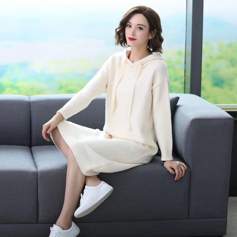 Korean Loose Knitted Sweater Autumn and Winter New Hooded Pullover Mid-length Over-the-knee Bottoming Pullover Sweater Dress