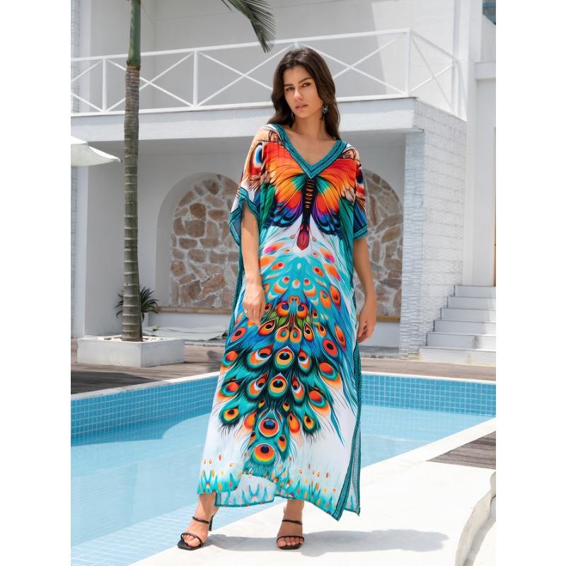 Damenmode Sommer Frühling Federdruck 1/2 Ärmel V-Ausschnitt Lockere Taille Freizeitkleider