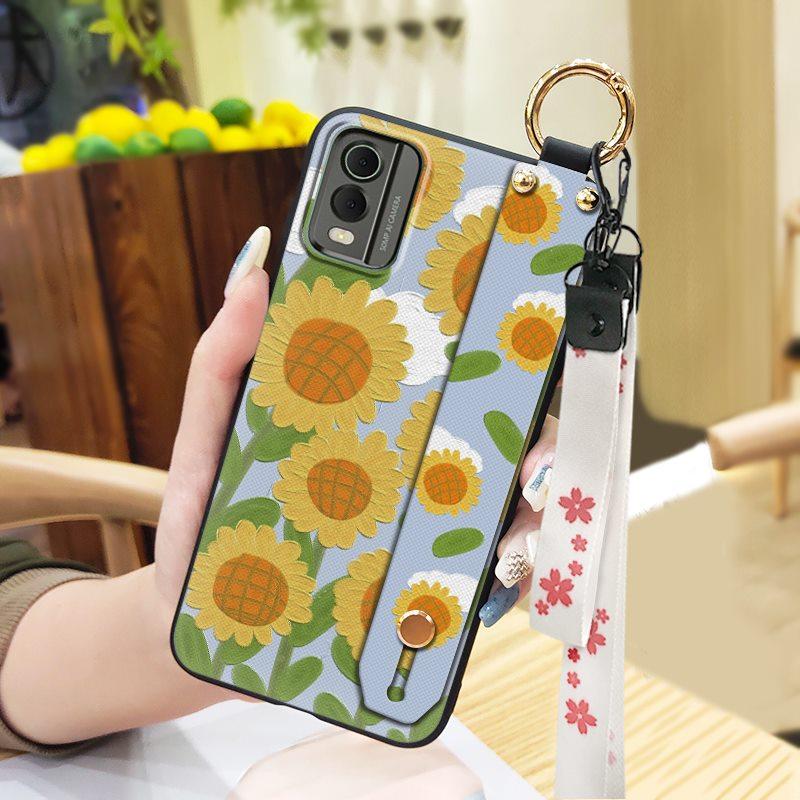 Waterproof Back Cover Phone Case For Nokia C32 Anti-dust Flower Kickstand Wrist Strap Phone Holder Shockproof Wristband