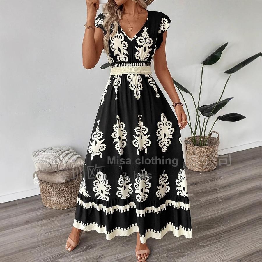 Summer New Arrivals Women s Resort Style Printed V-Neck Maxi Dress S чёрный