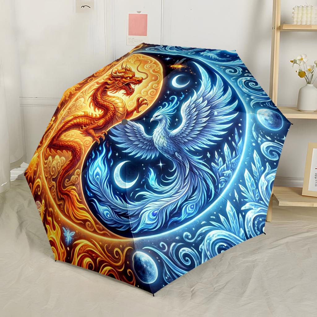 Yin Yang Dragon Phoenix Compact Travel Automatic Umbrella Sturdy 8 Rib Shaft Foldable Design Outdoor Daily Use Elegant Umbrella Wedding Party Gift