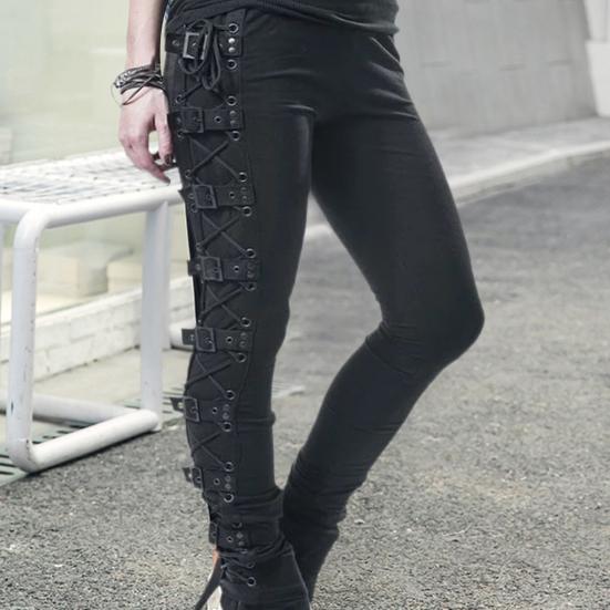 Women Pants Drawstring Eyelet Punk Ladies Slim-fitting High Stretch Pencil Pants for Sports