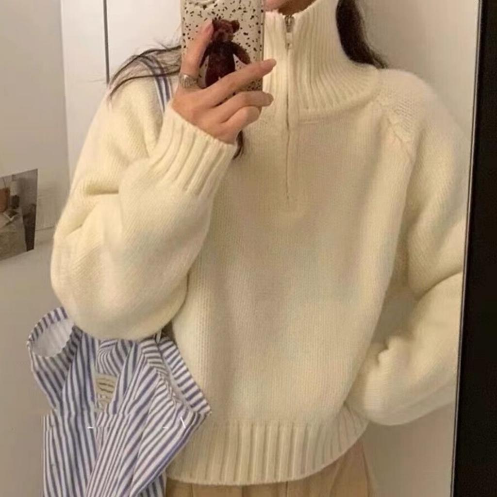 Autumn Winter Long Sleeved Half Zipper Pullover Sweater Turtleneck Fashion Elegant Office Sweet Lapel Loose Tops Casual Knitted Korean Simple Clothing