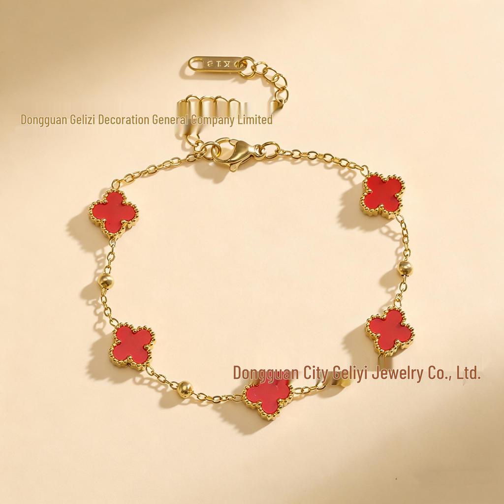 9MM Titanium Steel Colorfast Lucky Clover Bracelet with Shell Four-Leaf Clover Design.