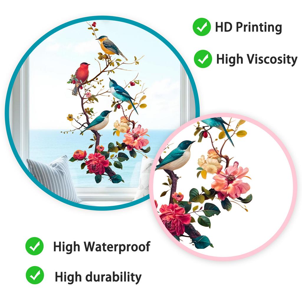 Blumen Vogel auf Ast Statisch Haftend Fensteraufkleber Selbstklebend Abnehmbar Schlafzimmer Wohnzimmer Balkon Glastür Heimdeko Kunst