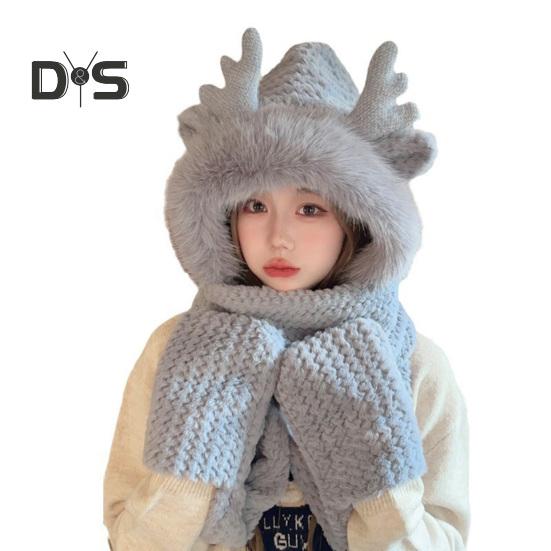 

Женская зимняя шапка-шарф с перчатками, толстый плюшевый декор в виде рогов оленя, пушистый искусственный мех, полная защита, ветрозащитный головной убор для активного отдыха на природе, фотореквизит серый