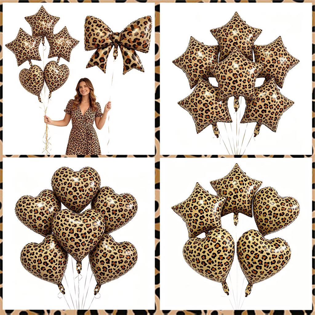 Leopard Print Party Bow Foil Balloons Five Pointed Star Heart Balloons Leopard Print Theme Girls Birthday Wedding Party Supplies