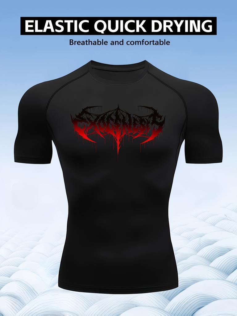 Mens Compression Short Sleeve T-Shirt Red Tribal Death Metal Logo Graphic Quick Dry Breathable High Elasticity Gym And MMA Athletic Top