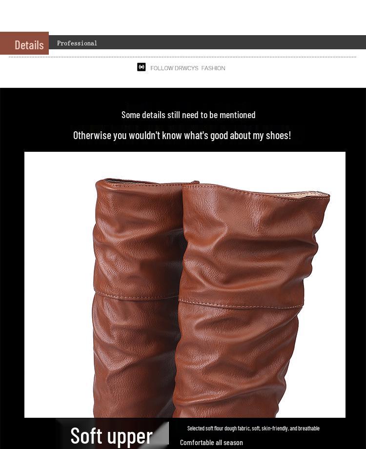 Plus Size 2020 Women's Long Leather Boots - Solid Color, Pleated, High-top, European Style