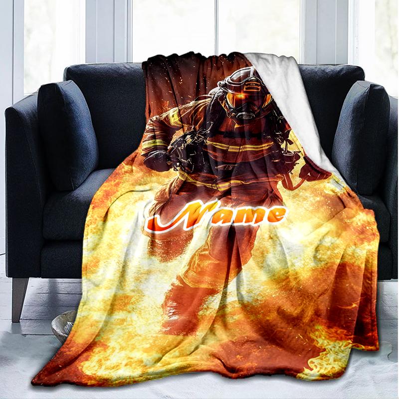 1PC Custom Name Firefighter Bravery Flames Outdooor Flannel Blankets Throw Blanket All-Season Throw Gift Bedspread for Couch, Bed, Camping Holiday Bir