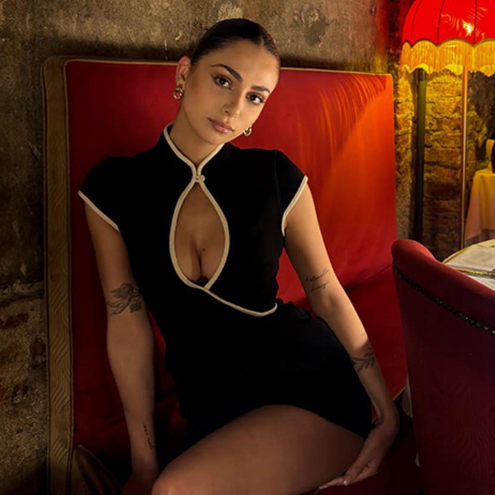 Women's Mock Neck Cap Sleeve Mini Dress Bodycon High Waist Sexy Contrast Trim Cutout Solid Club Dress