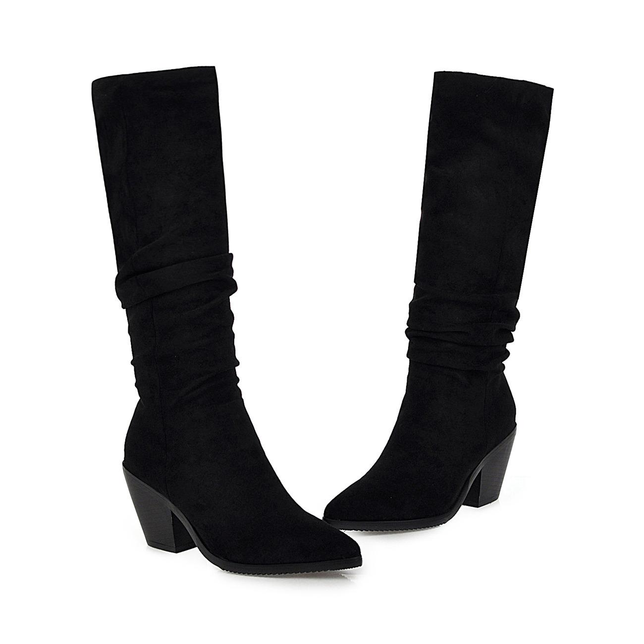 

Женские ботильоны на высоком каблуке осень и зима новые однотонные с острым носком на толстом каблуке большого размера эластичные ботинки 46