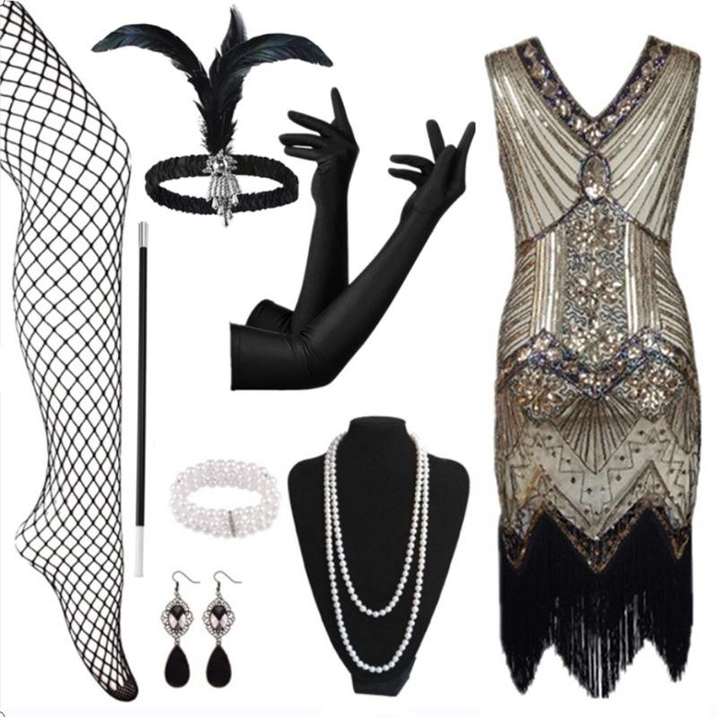 Hot Sale Vintage Sequins Tassel Dress Prom Evening Dress Accessories Set