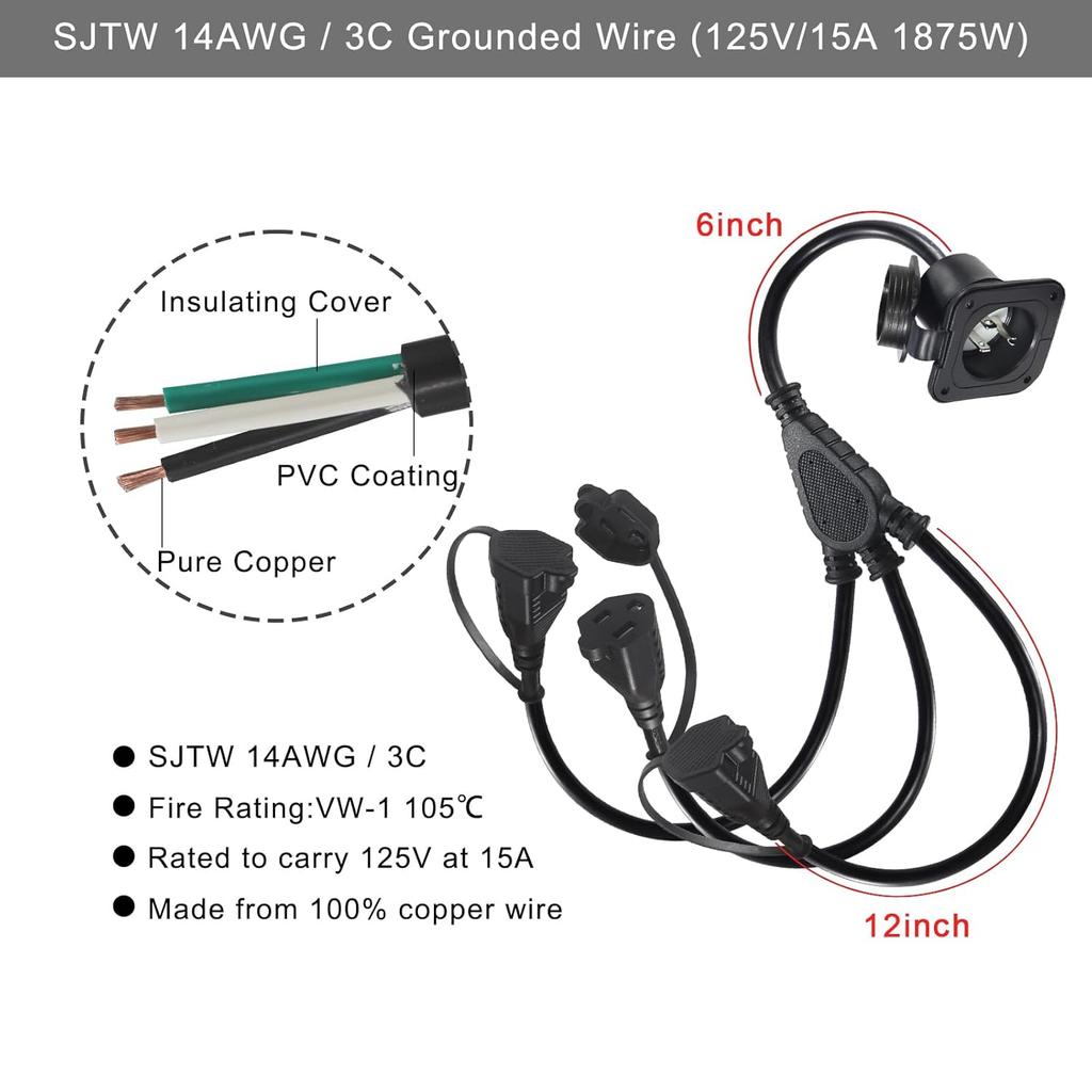 KUNCAN 15A AC Port Plug - 125V Power Inlet Socket With Triple 18 Inch Extension Cord, NEMA 5-15 Plug Flanged Inlet With Waterproof Cover Outdoor