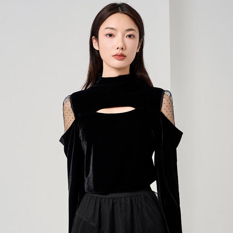 Iveni Women s Elegant Hollow Long Sleeve Semi-High Neck T-Shirt M