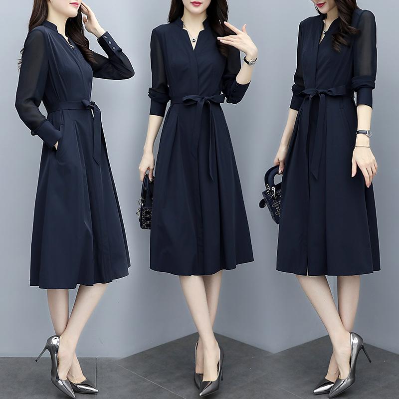 Jarní a podzimní šaty s dlouhým rukávem Módní Dámské Úzká sukně Výstřih do V Pas Pas