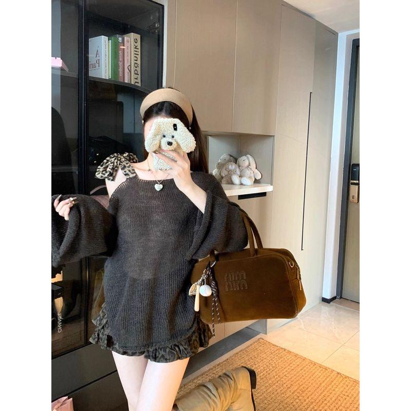 Kumikumi Stylish Leopard Print Lace-up off-Shoulder Long Sleeves Pullover Sweater Female Autumn New Arrival Chic Anti-Aging Top