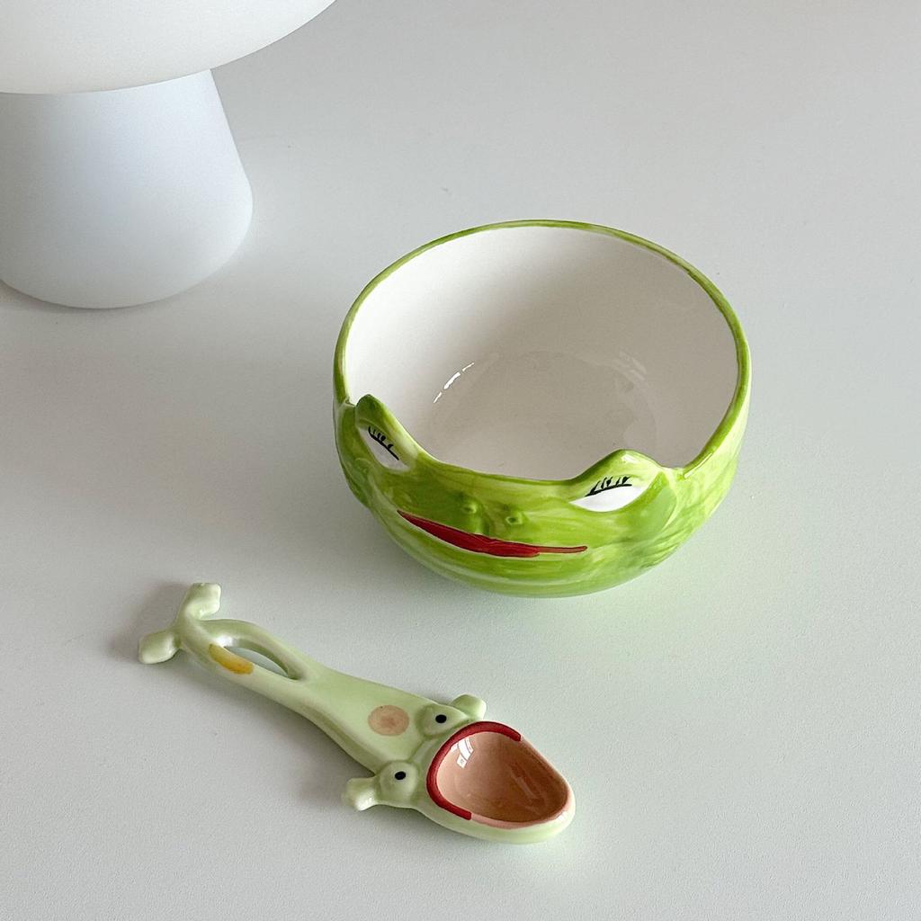 Cute Frog Shaped Ceramic Salad Bowl with Spoon Family Fruit Snack Dinner Bowls Cartoon Tableware Kitchen Utensils Accessories