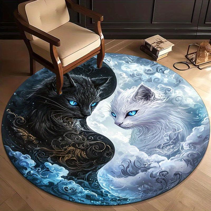 1pc Black and white Yin Yang cat pattern round rug interior decoration carpet non-slip design chair rug Christmas decoration