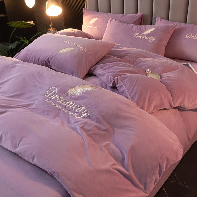 Thickened Milk Fleece Four-Piece Set, Coral Double-Sided Fleece Embroidered Crystal Fleece Quilt Cover, Bed Sheet, Bed Hat Three-Piece Set