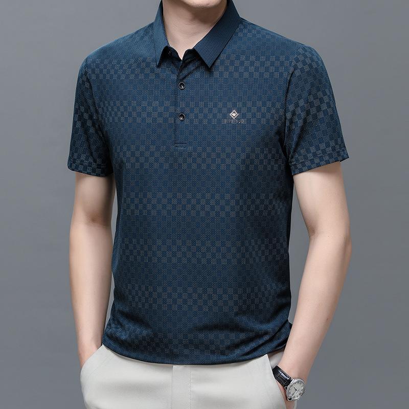 Ice Silk Polo Shirt Men'S Short-Sleeved Thin Summer Dress Business Men'S Loose Lapel Plaid Jacquard Half-Sleeved Top T-Shirt