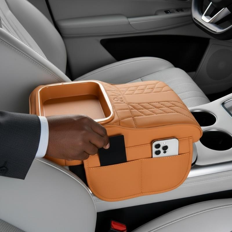 Multifunktionale Auto-Armlehnenbox - Aufbewahrung, Booster-Pad, Mittelkonsolen-Taschentuchbox und Getränkehalter, Fahrzeug-Armlehnen-Kissenbezug
