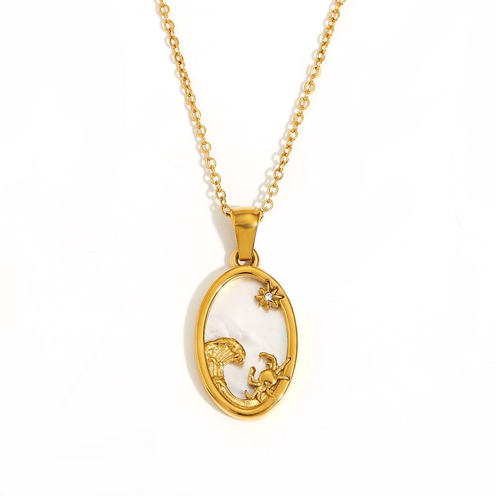 MamacitaLay 18K Gold Plated Stainless Steel Zircon Star Twelve Constellation Shell Necklace Women's Waterproof Neck Jewelry Gift