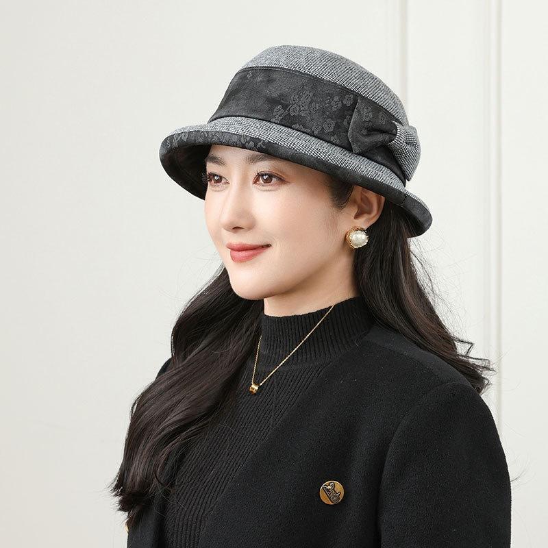 

Hat lady autumn and winter thickened woolen basin hat temperament warm bucket hat bow hat M（56-58cm）