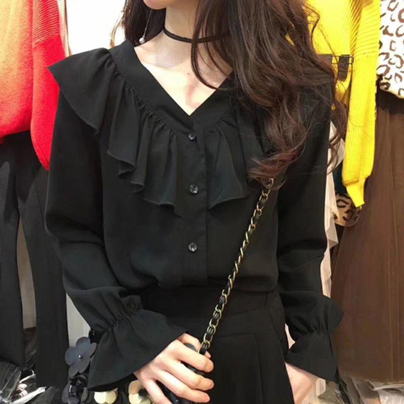 

Топ с оборками и длинными рукавами, рубашка с V-образным вырезом, топы с оборками и длинными рукавами, рубашка с V-образным вырезом black XXL